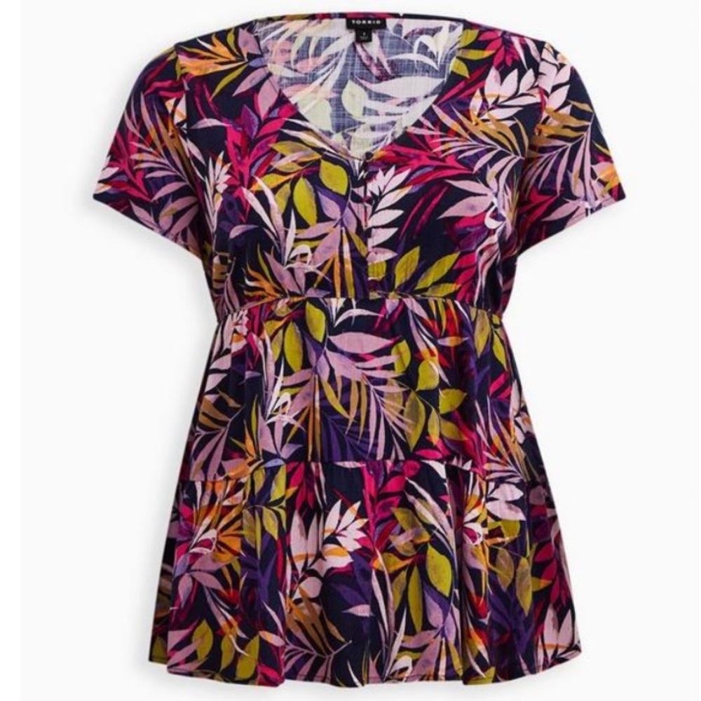 Torrid plus size 3 Rayon Slub Tiered Button-Front Top leaves purple pink print